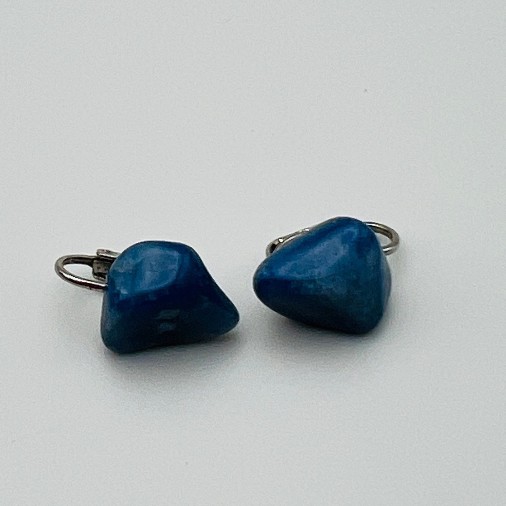 Vintage Blue Natural Stone Clip On Earrings Silver Tone Irregular Polished Rock